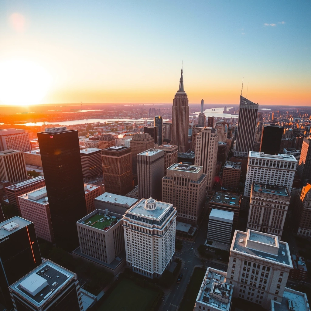 Впечатляющий вид на американский мегаполис с небоскребами на закате